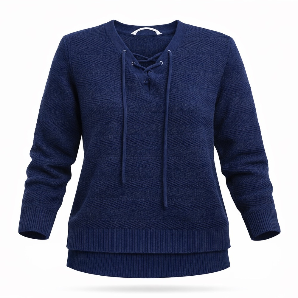 Athleta Sunset Sweayet Pullover Sweater Navy V-Neck Lace-Up Textured Sz Small‌‌‌